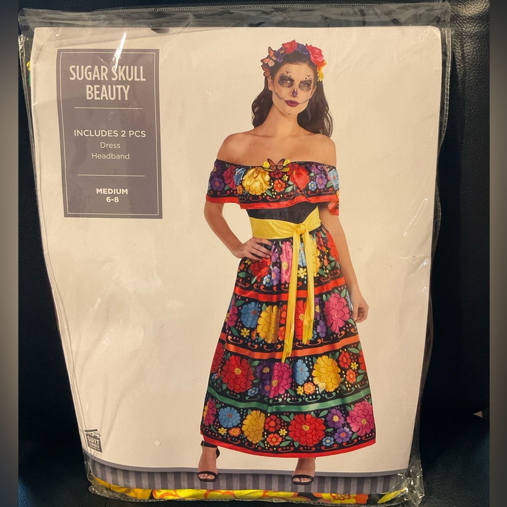 New Colorful Sugar Skull Beauty Dress with Headband (M 6-8)